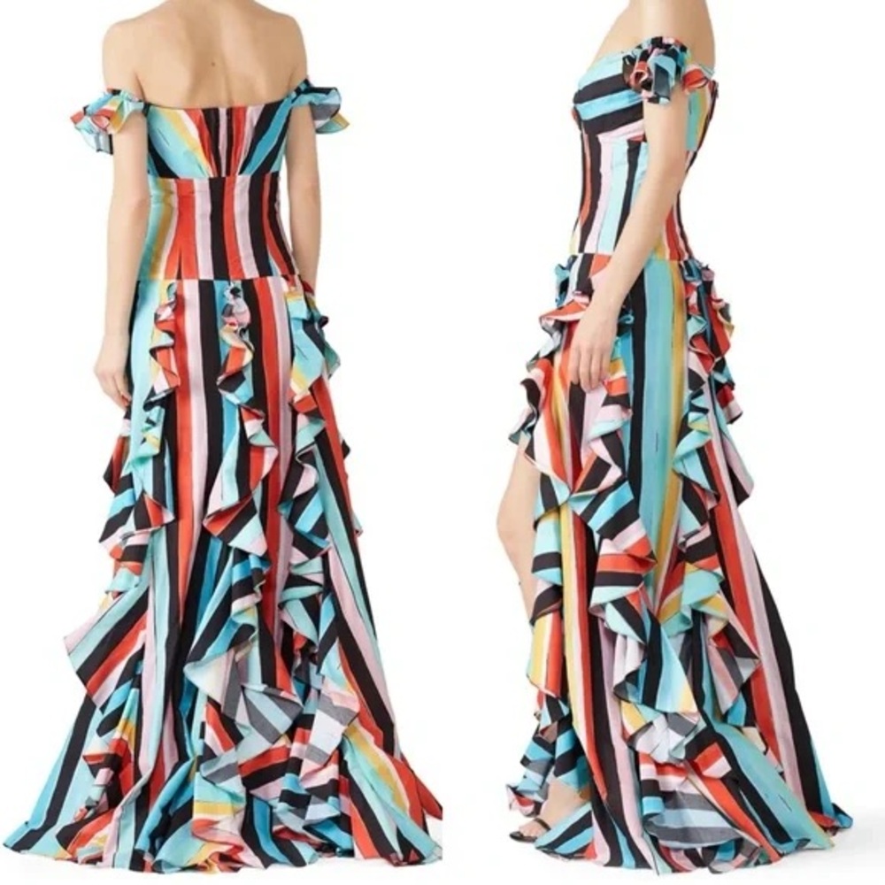 Caroline Constas Rainbow Striped Ruffle Gown Off Shoulder Size Large - Picture 11 of 16
